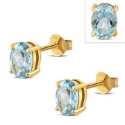 14k Gold Plated | 5x7mm Oval Prong-Set Blue Topaz Stone Sterling Silver Stud Earrings - e446